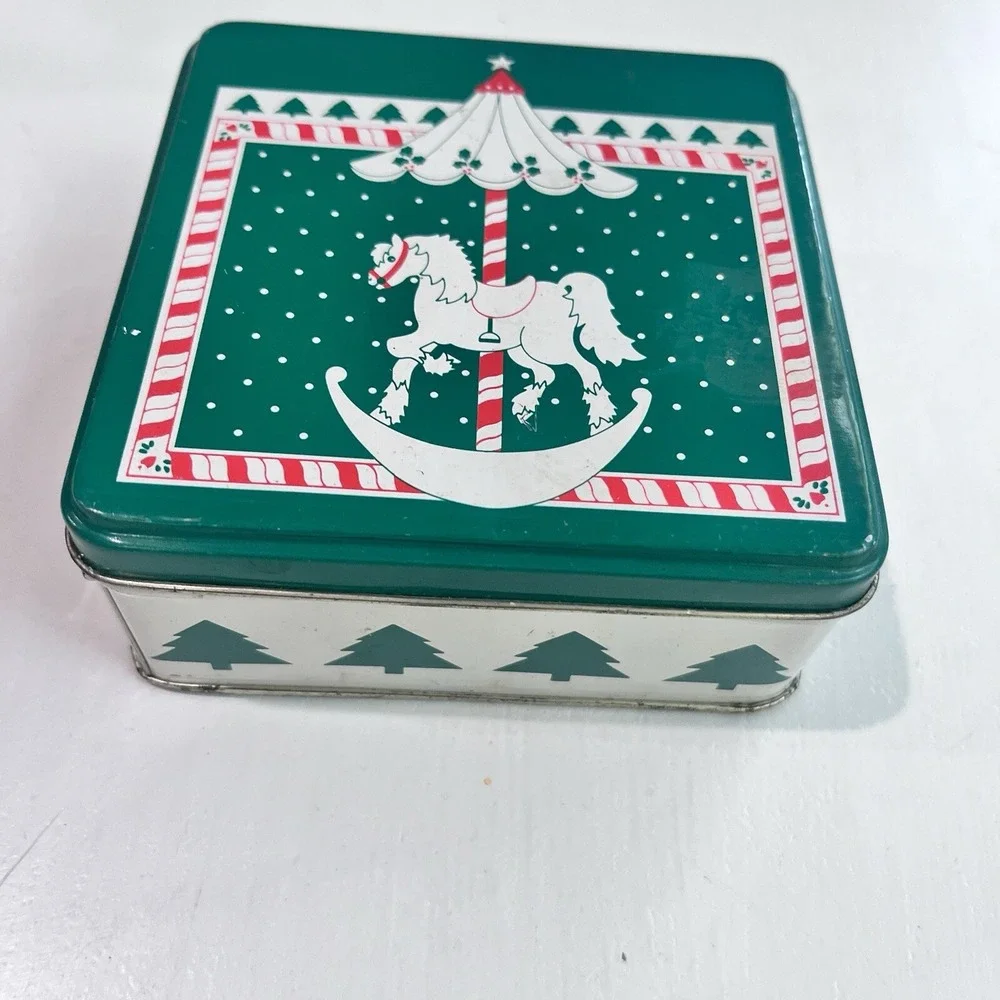 1990 Tin Vintage Coasters Set Of 6 Christmas Cork‎ Back Marry Go Around Green